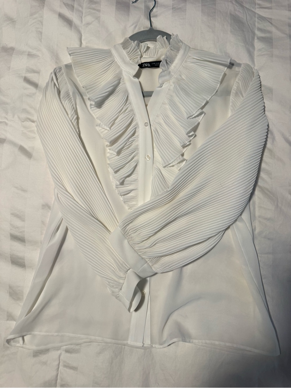 Zara White Ruffle-Front Pleated Blouse